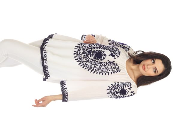 3/4 Sleeves Navy Embroidery Tunic White